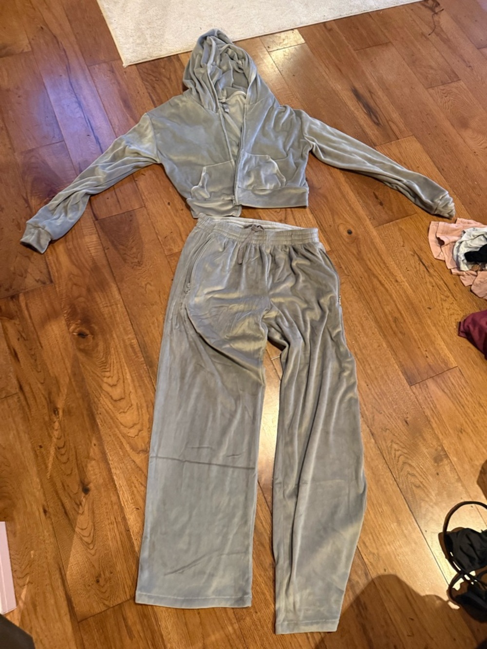SKIMS Light Gray Velour Wide Leg Pants with Cropped Hoodie